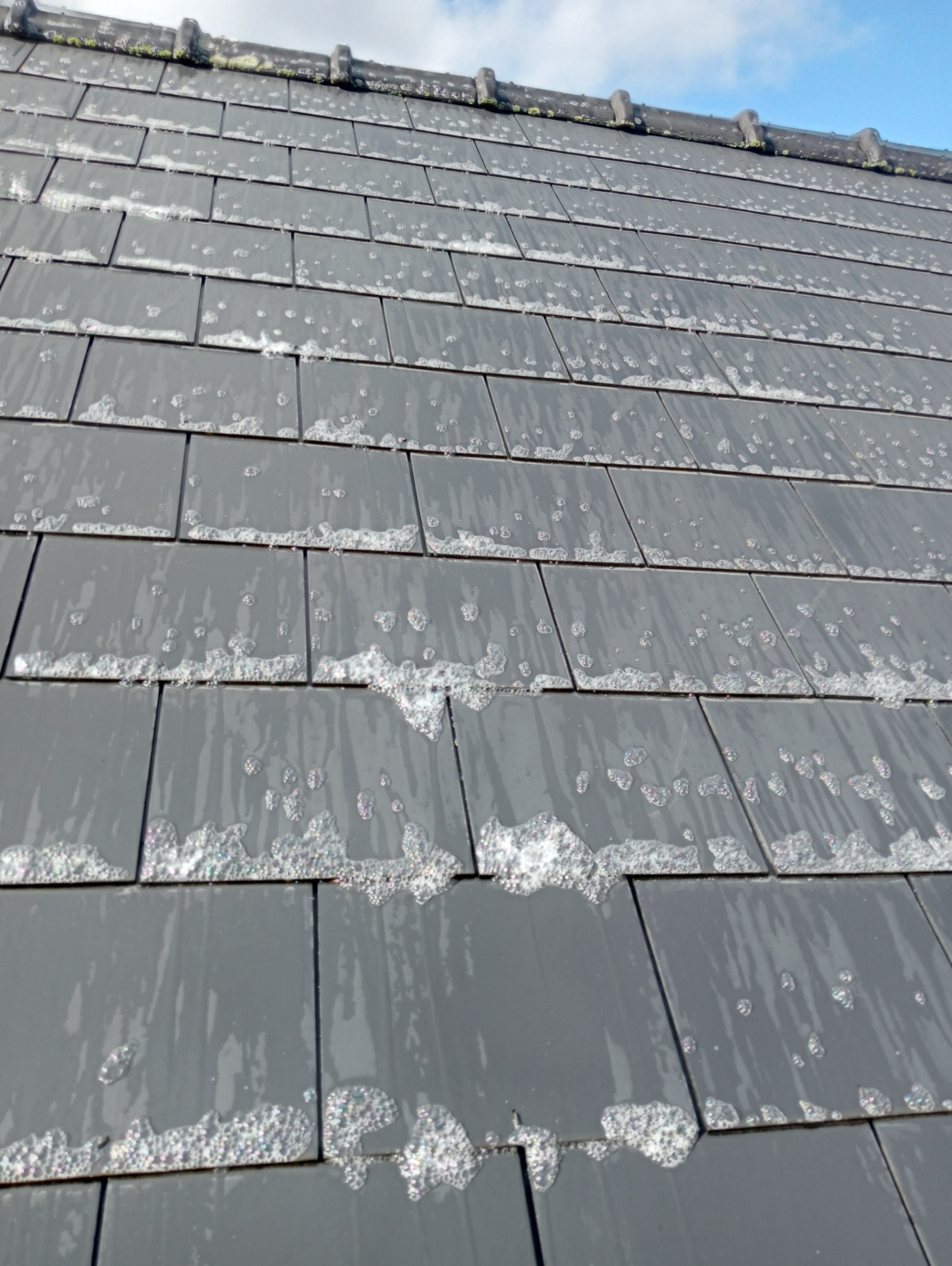 Soft washing roofs removing red yellow and black lichen , 